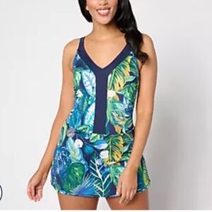 SUSAN GRAVER SOLIEL V NECK COLOR BLOCKED SWIM DRESS NAVY RIO TROPICAL 10 NEW
